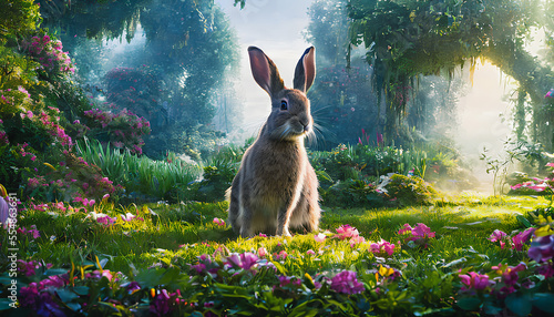 Cute bunny, rabbit in beautiful landscape, Generative AI