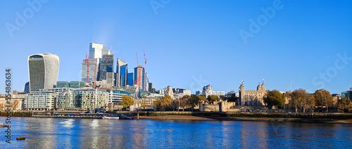 View of London part of the capital of Great Britain with the River Thames and the new skyscrapers of The City.