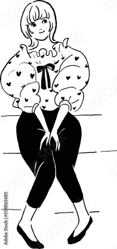 内またで座る女性の線画