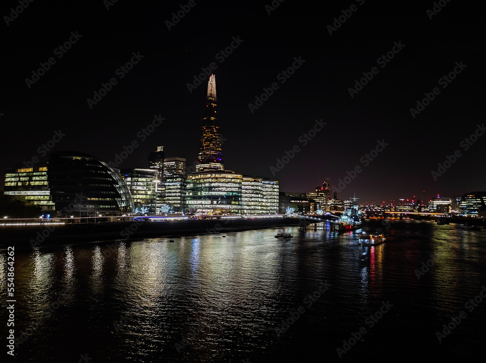 LONDON, UK, November 23, 2022: Night view of London with the Shard, the tallest building (309.6 m) in London