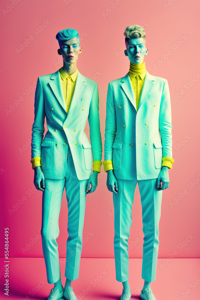 Obraz premium Fashionable modern gay couple in love, supermodels. The old fashioned, retro way of loving. Love has no limits, elegant men in fashion clothes in matching pastel outfit. Illustration. Generative AI.