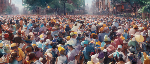 Painting of crowd of people in the city, Generative AI