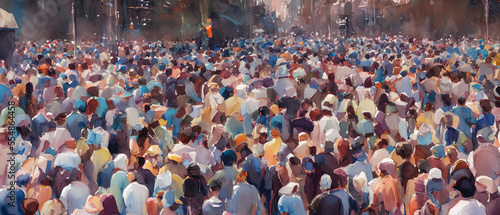 Painting of crowd of people in the city, Generative AI