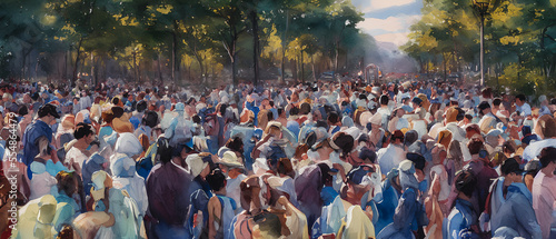 Painting of crowd of people in the city, Generative AI © 4K_Heaven