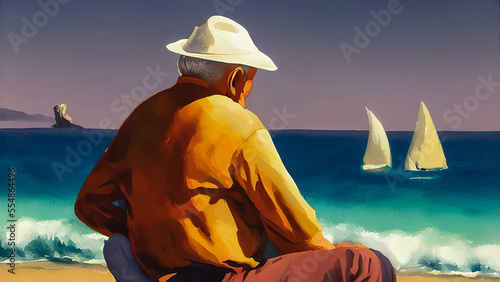 Painting of a senior person relaxing on the beach, Generative AI