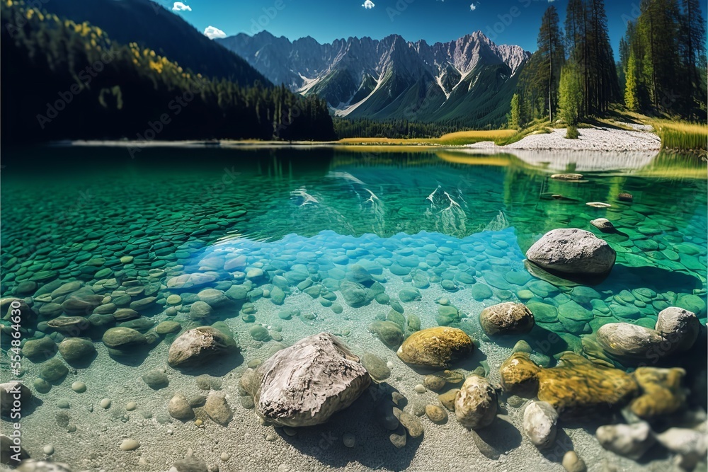 Autumn landscape mountain lake fusion view, Autumn mountain, lake view with clear water, and colorful stones.