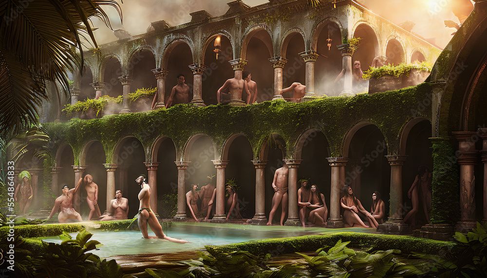 Painting of Ancient roman bathhouse,People wash in the bathhouse,Generative AI