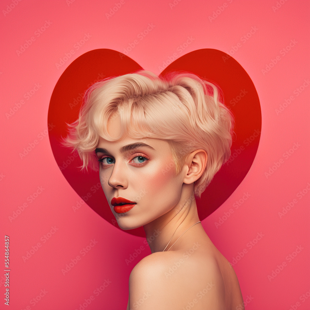 Portrait of a young beautiful, fashionable, romantic girl who has a big pink heart. Minimal Valentine's Day symbol of love. Illustration. Generative AI. - obrazy, fototapety, plakaty 