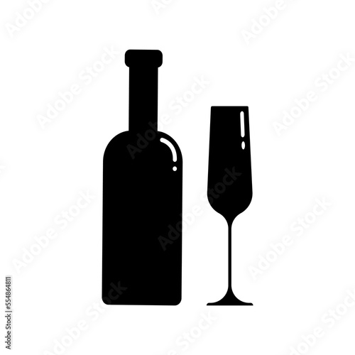 Set of alcohol bottle and glass silhouettes. Vector clip art isolate on white. Simple minimalist illustration in black color.