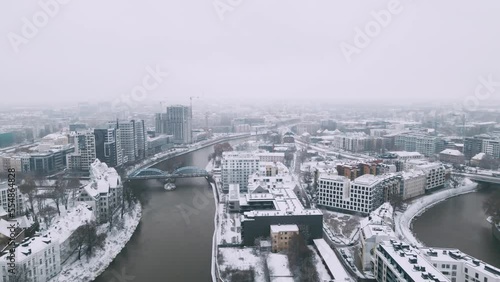 Winter aerial view with snowfall on Wroclaw with briges view 4k photo
