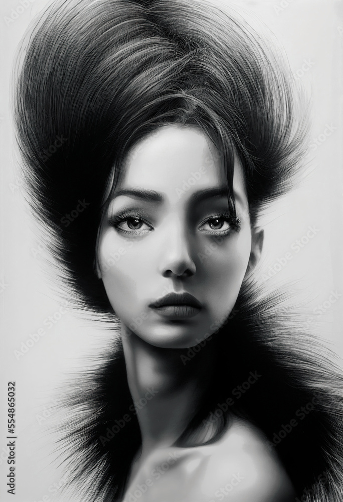 Fototapeta premium Beautiful monochrome girl with tall hairdo ,not a real person, made with Generative AI