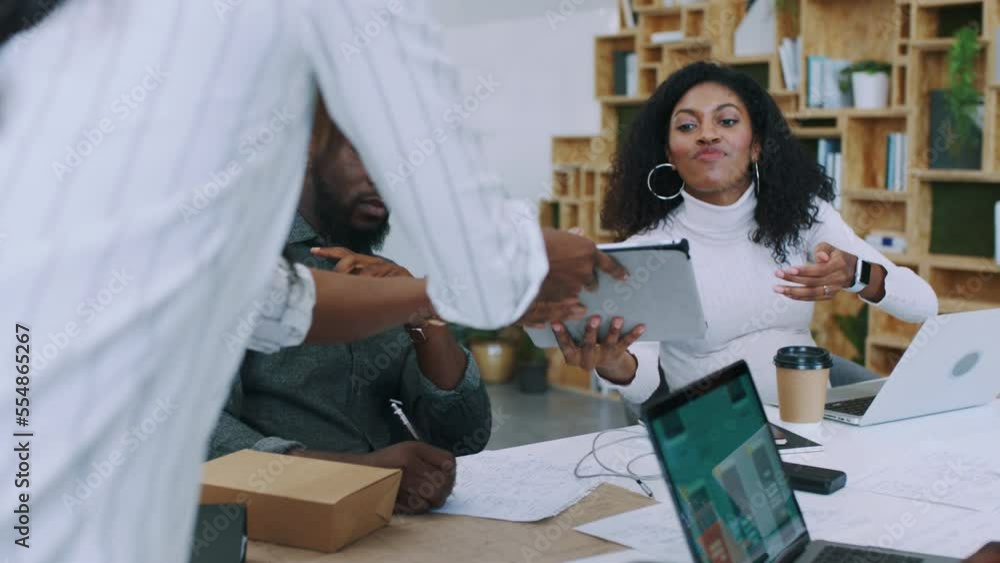 Tablet, teamwork and ui digital design of a office employee with ...