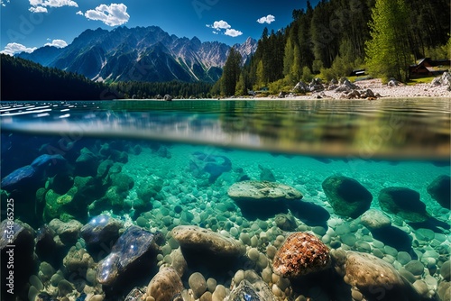 Autumn landscape mountain lake fusion view, Autumn mountain, lake view with clear water, and colorful stones.