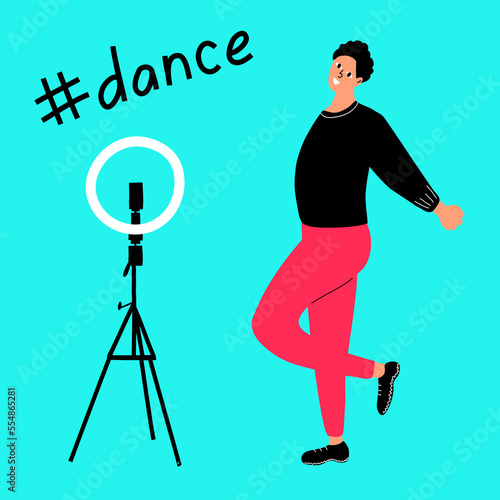 A flat vector banner template with a hand-drawn style on a blue background..The guy uploads a video of his dance to a popular social network.Hashtag dance..
