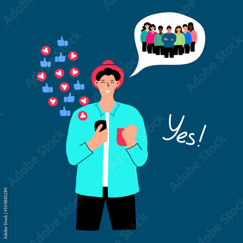 A flat vector banner template with a hand-drawn style on a green background..A social network advertising resulted in a large number of new customers for the guy,cartoon character.