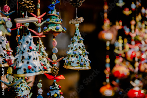 Christmas market fair kiosk in Vienna with christmas decorations.