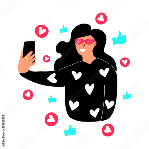 A flat vector banner template with a hand-drawn style on a white background..The girl posts a story to a popular social network and has a large following and number of likes.