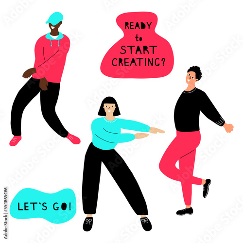 "Ready to start creating? Let’s go!" a flat vector banner template with a hand-drawn style on a white background.  Whith dancer people.