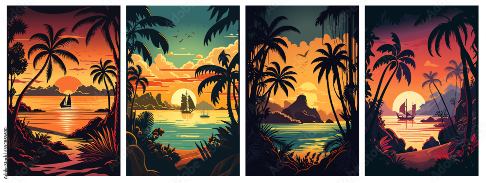 Set of caribbean landscape at sunset vector illustration - obrazy, fototapety, plakaty 