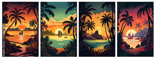 Leinwand Poster Set of caribbean landscape at sunset vector illustration