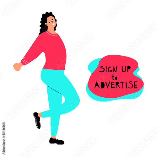 "Sign up to Advertise" a flat vector banner template with a hand-drawn style on a white background. Motivational advertising slogans in blue, black and pink colors. With girl.