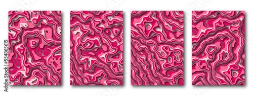 Set of cover templates in papercut style. Layered wavy shapes with shadow in red colors