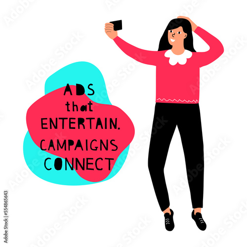 "Ads that entertain. Campaigns that connect" a flat vector banner template with a hand-drawn style on a white background. Motivational advertising slogans in blue, black and pink colors. With girl.