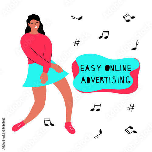 "Easy Online Advertising" a flat vector banner template with a hand-drawn style on a white background. Motivational advertising slogans in blue, black and pink colors. With girl.