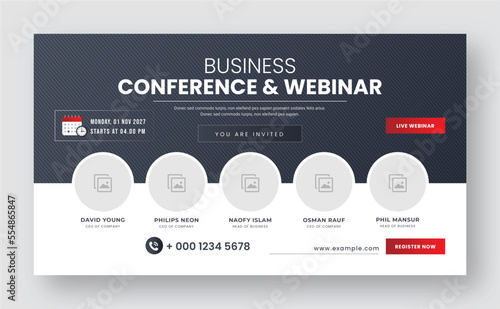 Business webinar invitation design. Webinar and business conference social media banner template. Online live webinar banner invitation template. Business conference flyer. Annual business conference