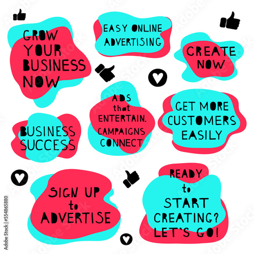 Advertising in social network hand drawn vector letterings set. Motivational advertising slogans in blue, black and pink colors on the white background.Modern advertising social media design.
