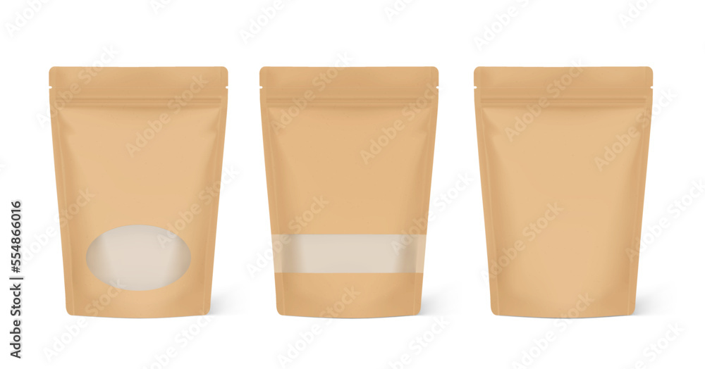Clean kraft pouch with windows. Vector illustration. Your product is visible through the window. Perfect for the presentation of your product. EPS10. Clean kraft pouch with windows. Vector illustration. Your product is visible through the window. Perfect for the presentation of your product. EPS10.