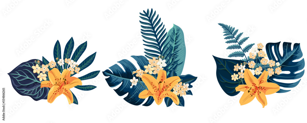 vector drawing green tropical leaves and lily flowers, floral composition, exotic design elements isolated at white background , hand drawn illustration vector drawing green tropical leaves and lily flowers, floral composition, exotic design elements isolated at white background , hand drawn illustration