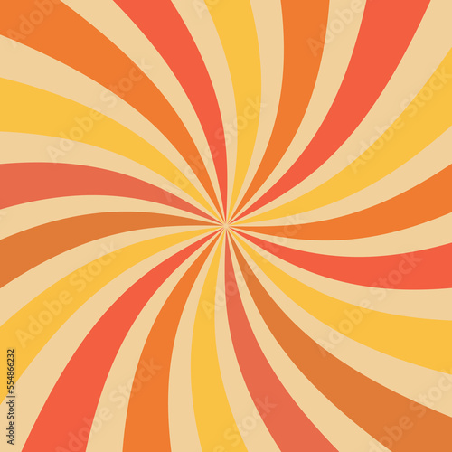 Retro sunburst background pattern with a vintage color palette of yellow, orange and red in a spiral or swirled radial striped design