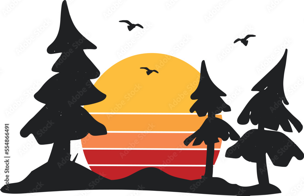 Fototapeta premium silhouette of fir trees vector and orange sun. christmas trees cartoon style vector silhouette