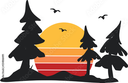 silhouette of fir trees vector and orange sun. christmas trees cartoon style vector silhouette