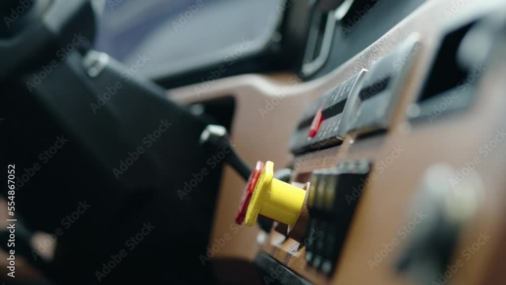 close up and zooming on parking brakes nobs of a new semi truck freightliner cascadia volvo 2023