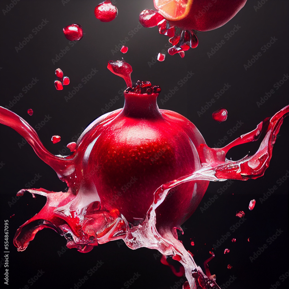 Flying in air fresh ripe whole and cut pomegranate with seeds and leaves Flying in air fresh ripe whole and cut pomegranate with seeds and leaves