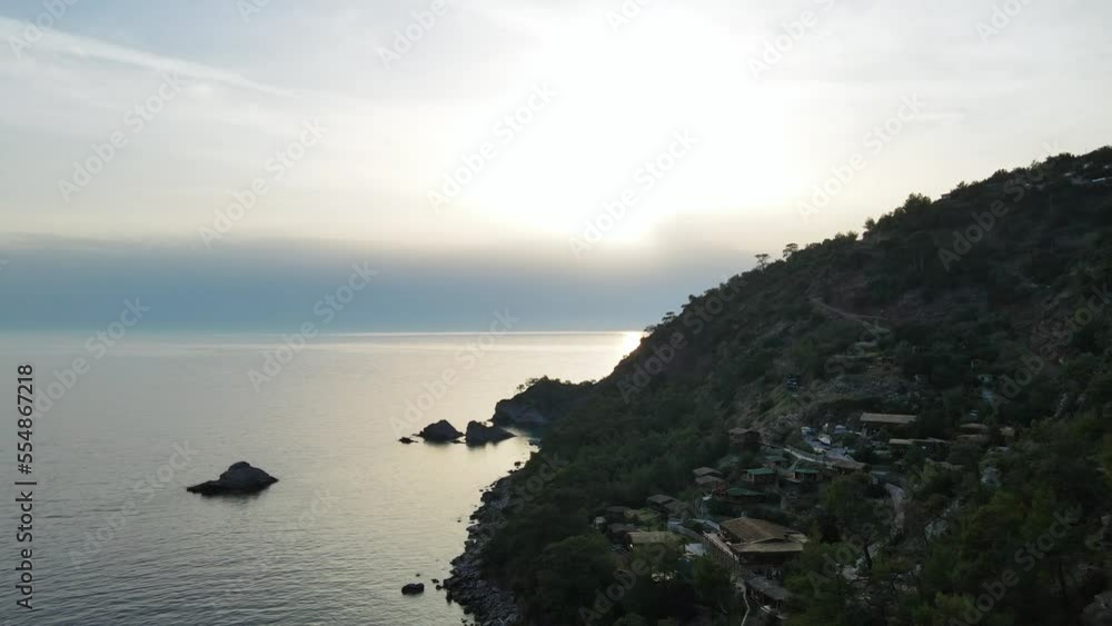 Evening aerial view from drone on village Kabak when walking Lycian Way Trail in Turkey 4k Evening aerial view from drone on village Kabak when walking Lycian Way Trail in Turkey 4k