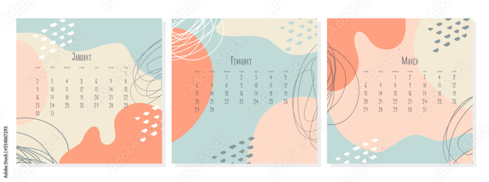 Set of 2023 calendar template by months January February March , calendar cover concept, boho style abstract illustration.