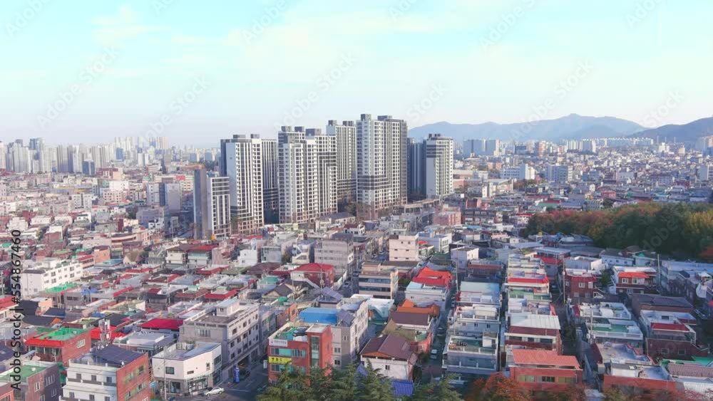 Daegu: Aerial view of Metropolitan City in South Korea in autumn colors, sunny day - landscape panorama of Eastern Asia from above Daegu: Aerial view of Metropolitan City in South Korea in autumn colors, sunny day - landscape panorama of Eastern Asia from above