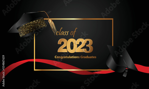 Congratulations on your graduation from school. Class of 2023. Graduation cap, confetti and balloons. Congratulatory banner. Academy of Education School of Learning