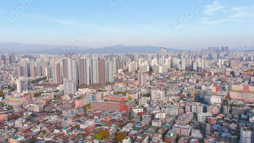 Daegu: Aerial view of Metropolitan City in South Korea in autumn colors, sunny day - landscape panorama of Eastern Asia from above photo