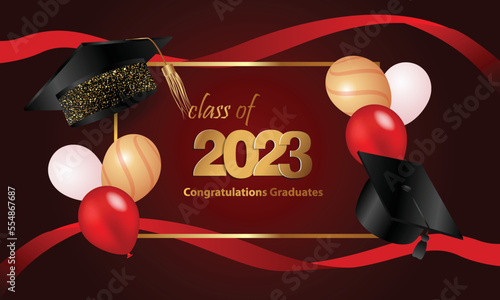 Congratulations on your graduation from school. Class of 2023. Graduation cap, confetti and balloons. Congratulatory banner. Academy of Education School of Learning