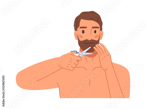 Trimming long beard hair, making shape and neat look. Isolated man using scissors to cut mustaches. Beauty routine and self care. Flat cartoon character vector