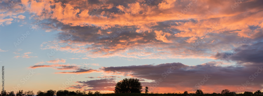 Panorama of sky with cumulus and stratocumulus clouds at sunset