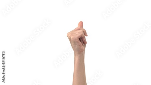 Isolated Woman Hand with Snapping Fingers Sign Symbol. White Screen Compositing. Pack of Gestures Movements on Keyed Chroma Key Background. Body Language.