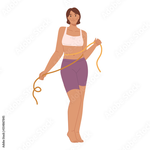 Dietitian specialist with measuring tape, isolated nutritionist professional. Dieting plan and course for weight loss. Flat cartoon character, vector illustration