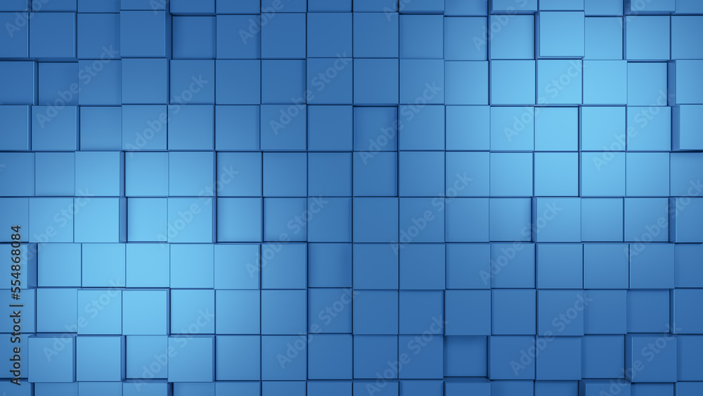 Randomly shifted blue metallic floor tiles or square cubes with lighting effect, abstract geometric 3D background, interior pattern wallpaper with copy space for text Randomly shifted blue metallic floor tiles or square cubes with lighting effect, abstract geometric 3D background, interior pattern wallpaper with copy space for text