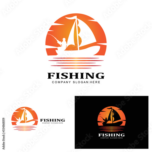 fishing logo icon vector, catch fish on the boat, outdoor sunset silhouette design