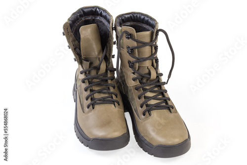 Insulated leather combat boots, front view on a white background